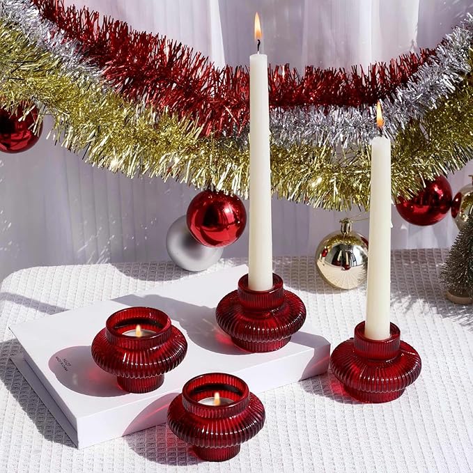 VOHO 12pcs Ribbed Taper Candle Holders for Table Centerpiece, Romantic Red Glass Candle Holder for Anniversary Wedding Decor, Double-Sided Red Tapered Candlestick Holders for Tealight & Taper Candles