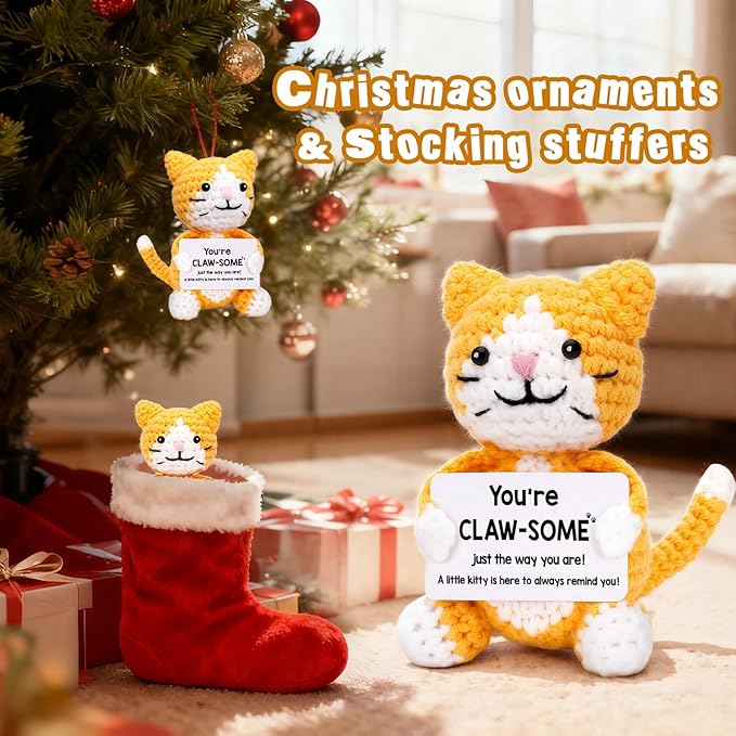 Crochet Cat Lover Gifts for Women Men, Small Funny Handmade Emotional Positive Crochet Animals Stuffed Plush, Mini Cool Cute Stuff Things Presents for Girls Boys, Fun Kitten Kitty Cat Ornament Decor
