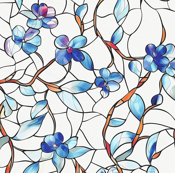 Window Privacy Film Stained Glass Decorative Static Clings Frosted Window Tint for Home Room Decor Bathroom Door Car Stickers with Glittering Effect, Removable(Blue Violet Botanical)