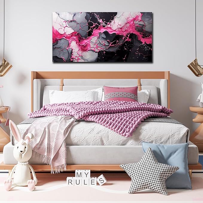 GUGIKA Abstract Wall Art for Living Room, Pink Canvas Wall Decor for Girls Bedroom Decor, Pigment Texture Print, Size 29x59 Inches