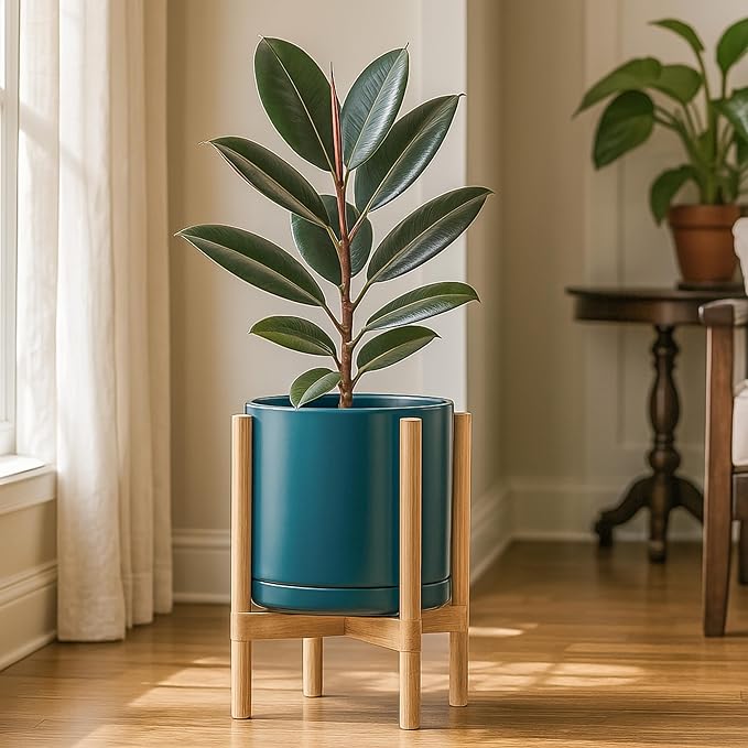 D'vine Dev Ceramic Planter with Natural Stand - 12 Inch Modern Round Flower Pot with Wood Planter Holder, Teal, 55-B-J-4