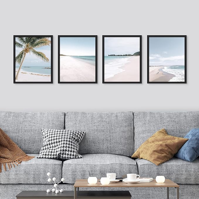 SIGNWIN Framed White Beach Shore Tropical Palm Tree Island Wall Art, Set of 4 Landscape Colorful Wall Decor Prints, Nature Wilderness Wall Décor for Living Room, Bedroom - 12"x16" Black