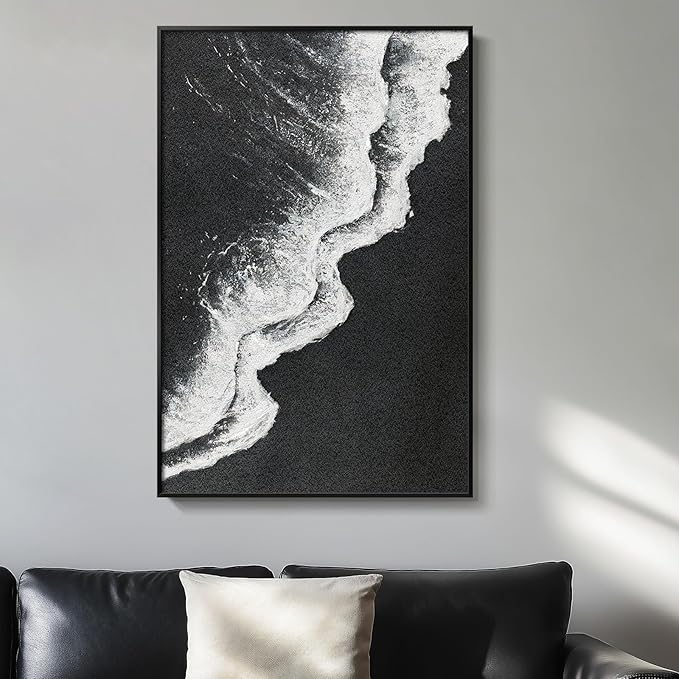 Framed Black and White Abstract Beach Canvas Wall Art, Modern Minimalist Art Prints Paintings Artwork for Walls, Ocean Wave Pictures for Living Room Dining Room Bedroom Bathroom Wall Decor 24x36 In