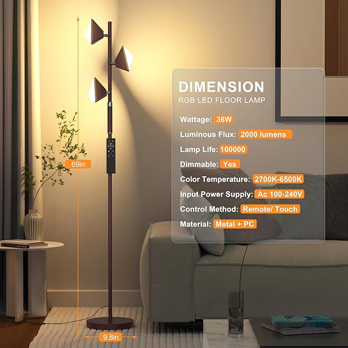 RGB Tree Floor Lamp for Living Room, Stepless Dimmable Tall Standing Lamp with Remote, Touch Control and 3 Rotatable Light, Bright LED Lights for Bedroom with 4 Color-Changing, Oil Rubbed Bronze