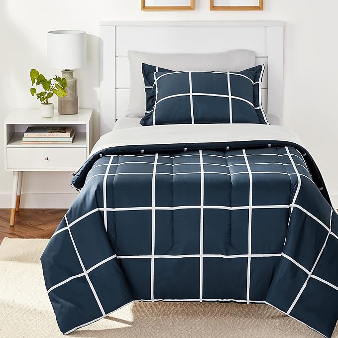 Amazon Basics Twin/Twin XL Comforter Set with Sheets, 5-Piece Navy with Grey Plaid Bedding, Lightweight Microfiber Bed-in-a-Bag