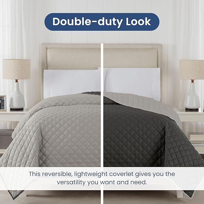 Martex Reversible Coverlet – Full Queen Size Quilt - Lightweight Full Size Bedding– Durable Queen Size Quilts for Bed – Soft - Easy Care Bedding – Light Gray/Graphite