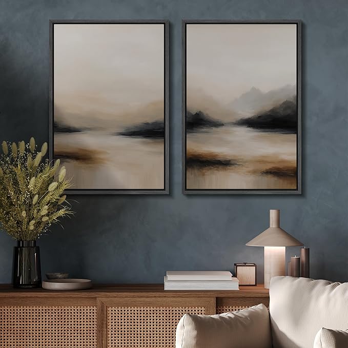 SIGNFORD Framed Canvas Print Wall Art Set Abstract Mountain Landscape Neutral Beige and Black Illustration Modern Art Decorative Nordic Nature for Living Room, Bedroom, Office - 24"x36"x2 Black