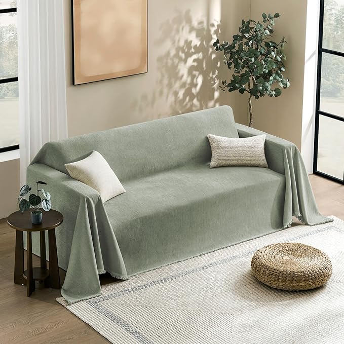 Couch Cover for Dogs Sectional Sofa Covers Washable for 2 Cushion Couch, Chenille Couch Cover Blanket, Sectional Sofa Slipcovers, Multi-Use Furniture Protector for Kids, Pets, 71" X134", Sagegreen