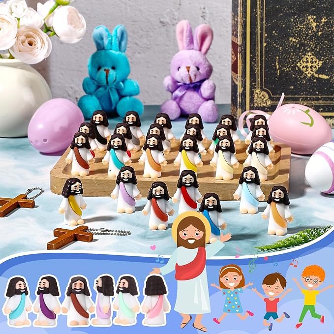 Bememo 100 Pcs Jesus Toys Original Design Mini Rubber Little Jesus Figurine to Hide and Seek Religious Party Favors Sunday School Craft Baptism Gifts for Easter Egg Stuffers (Colorful)