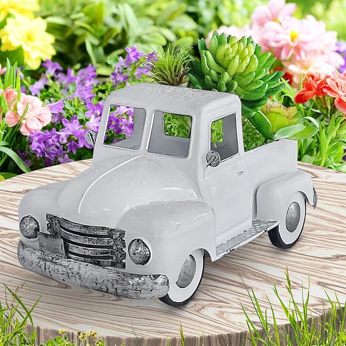 Farmhouse White Truck Decor, Vintage Metal Farm Truck Decor,Rustic Outdoor/Indoor Garden Trucks Planter,Decorative Tabletop Fall Table Pick-up Decor, Collectible Vehicles Gifts