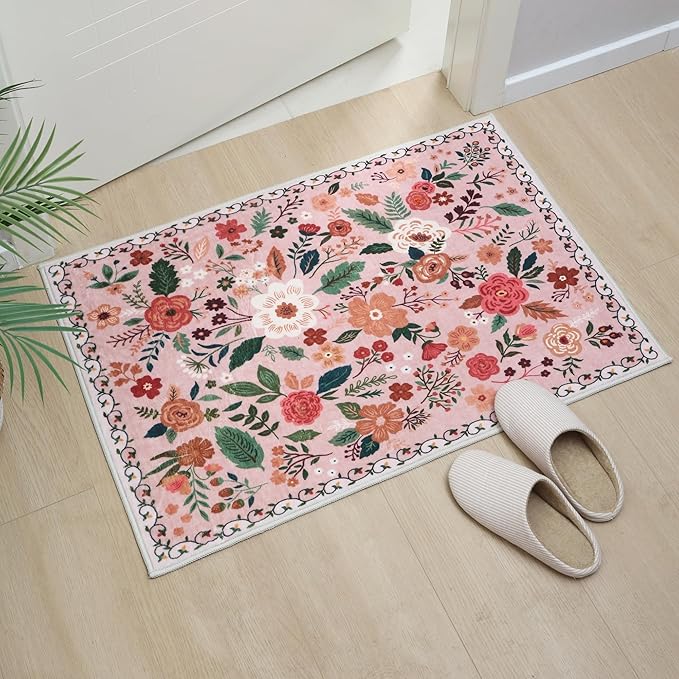 Door Mat Indoor Entrance 2x3 Rug Machine Washable Boho Floral Small Area Rug Non-Slip Low Pile Throw Rugs for Entryway, Kitchen, Front Door Indoor Entrance, Entry, Kids Room (Pink)