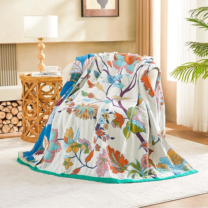 Summer Throw Blanket, 50"x60" Reversible Bohemian Flower Blanket, 100% Cotton Muslin Breathable Woven, Farmhouse Decorative Throw Blanket