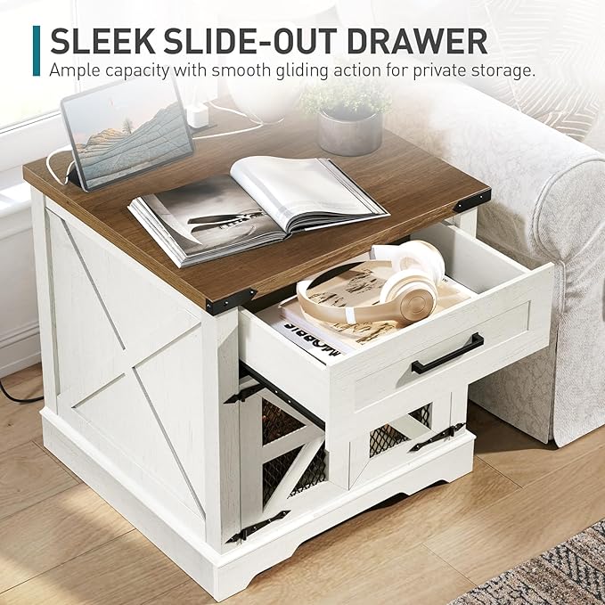 White Farmhouse End Table Set of 2, 24" Large Sofa Side Table with Drawer, Large End Table for Living Room, Wooden Nightstand with Charging Station, Square, White and Walnut