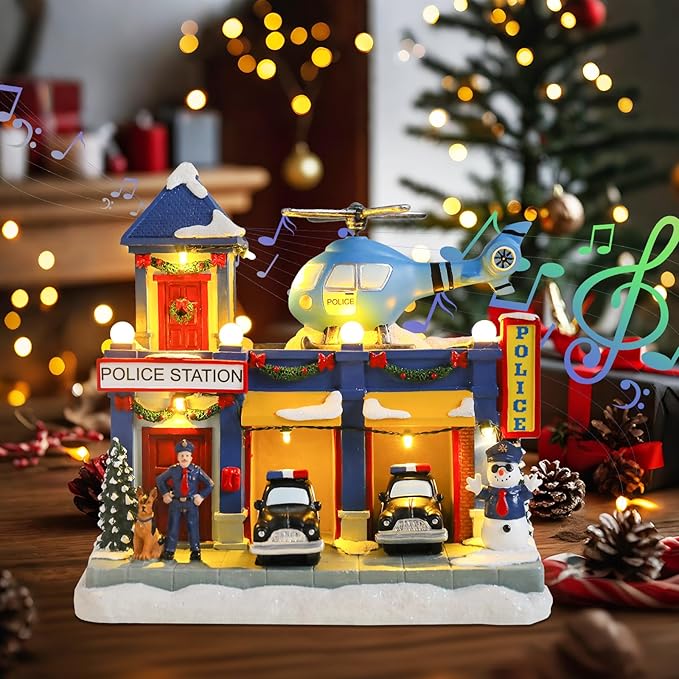 Bdor Christmas Police Station Decoration – Lighted Animated Holiday Village Scene with Helicopter and Police Cars – Plug-in Resin Christmas Tabletop Ornament – 9"x6.3"x9"