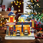Bdor Christmas Police Station Decoration – Lighted Animated Holiday Village Scene with Helicopter and Police Cars – Plug-in Resin Christmas Tabletop Ornament – 9"x6.3"x9"