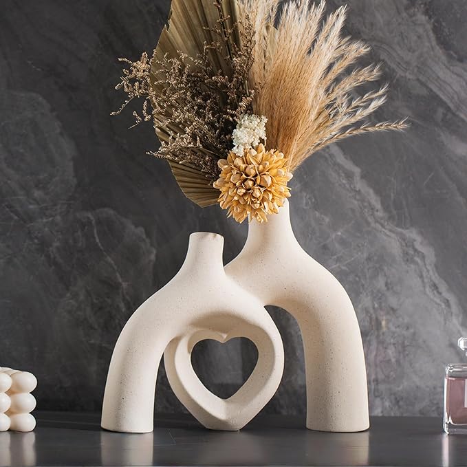 Snuggle Hollow Ceramic Decorative Vase, Modern Minimalist Nordic Boho Ins Style Vases for Home Decor Living Room Shelf Entryway Coffee Table or Console Décor (Matte Milky White)