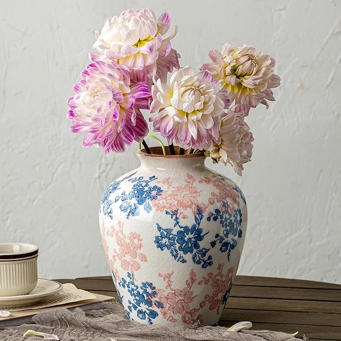 Pink Blue and White Vase, 8 Inch Vintage Chinoiserie Ceramic Vase, Rustic Flower Vases Decorative Antique Vases for Home Decor, Retro Ice Cracked Porcelain Farmhouse Table Centerpieces Decor