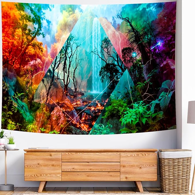 Delur Forest Tapestry Waterfall Mountain Rainforest Sunset Nature Tree Tapestry Wall Hanging Scenic Tropical Landscape Natural Sunrise Headboard for Bedroom Living Room Home Decor (70.8" x 92.5")
