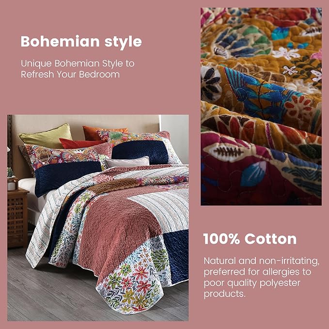 Secgo Queen Comforter Set for Bed - 100% Cotton Quilts Queen Size, Black Bedspreads (90 * 98 Inch) with 2 Pillow Shams, Patchwork Reversible Lightweight Bedding