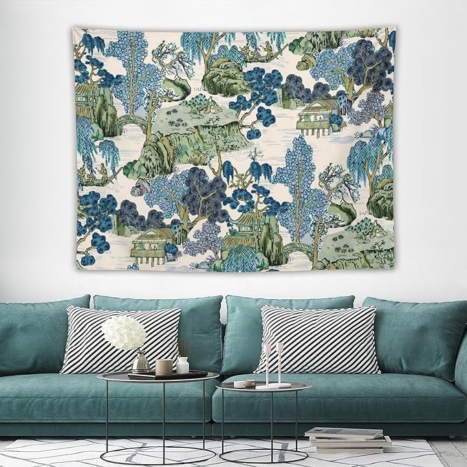 Chinoiserie Tapestry,Asian Watercolor Abstract Art Tapestry,Asian Japanese Wall Tapestry, Nature Landscape Tapestries for Bedroom Living Room Decor 80"x60"