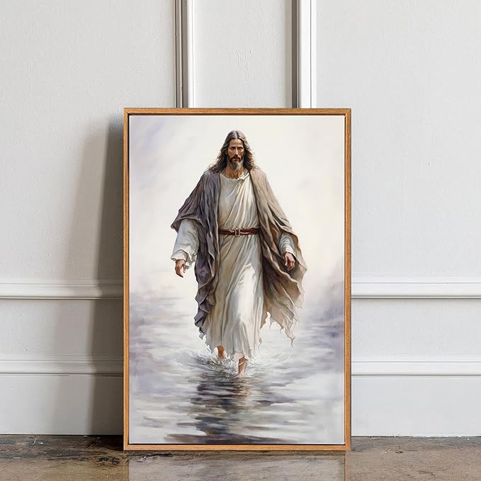 Fantasy Artists Framed Jesus Christ Wall Art Jesus Walking On Water Canvas Wall Decor Christian Painting Prints Biblical Religious Room Decor for Church Prayer Room Christian School Hospital 16" x 24"