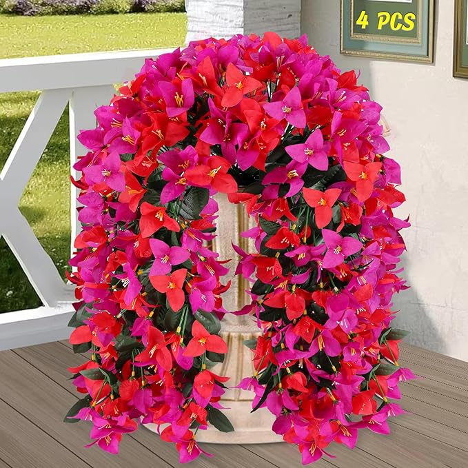 Artificial Bougainvillea Flowers for Outdoor Plant,4 pcs Faux Hanging Flowers Bougainvillea for Outside Decoration,Fake Silk UV Resistant Vines for Front Door Porch(Rose red+Fuchsia)