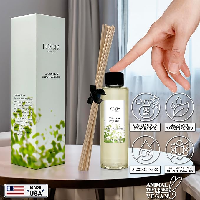 LOVSPA Vanilla & Patchouli Diffuser Oil - Luxury Essential Oils for Diffuser Refill & Air Freshener Room Spray - Long-Lasting & Natural Home Fragrance, Scented Oil for Diffusers, USA Made, 4oz