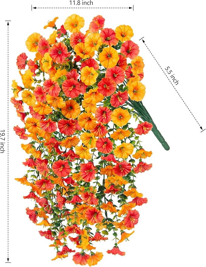 Ivydale 2 PCS Artificial Hanging Flowers Fake Plants Outdoor,Silk Morning Glory Faux Flowers with Eucalyptus Leaves,UV Resistant Realistic Hanging Plants for Home Garden Decor (Yellow+Orange)