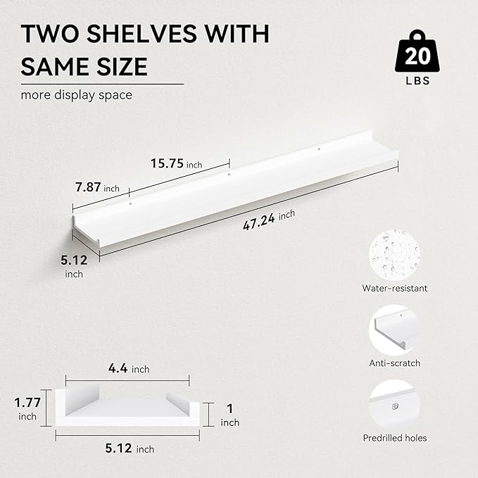47.2 Inches Long Floating Shelves, 2 Set Modern Wall Shelf for Bedroom, Nursery Book Shelf with Lip, Picture Ledge Shelf for Wall Decor Living Room Bathroom Kitchen - White