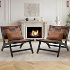 Accent Chair, Modern Comfy Genuine Leather Armless Mid-Century Anthropologie Accent Chairs, Lounge Arm Chair with Solid Wood, Floral Pattern Sofa Chair for Living Room/Office/Balcony/Bedroom