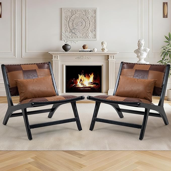 Accent Chair, Modern Comfy Genuine Leather Armless Mid-Century Anthropologie Accent Chairs, Lounge Arm Chair with Solid Wood, Floral Pattern Sofa Chair for Living Room/Office/Balcony/Bedroom