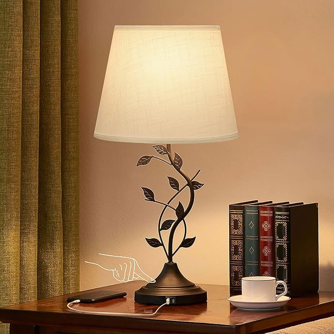 Kakanuo USB Touch Table Lamp Bedside Lamp with USB C Charging Ports for Living Room, White 3 Way Dimmable Traditional Nightstand Lamp Retro Table Lamp for Bedroom and Office (LED Bulb Included)