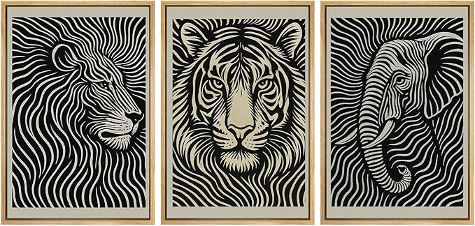 SIGNWIN Framed Canvas Print Wall Art Safari Animal Portrait Lion, Tiger, and Elephant Photography Modern Art Minimalist Black and White for Living Room, Bedroom, Office - 16"x24"x3 Natural