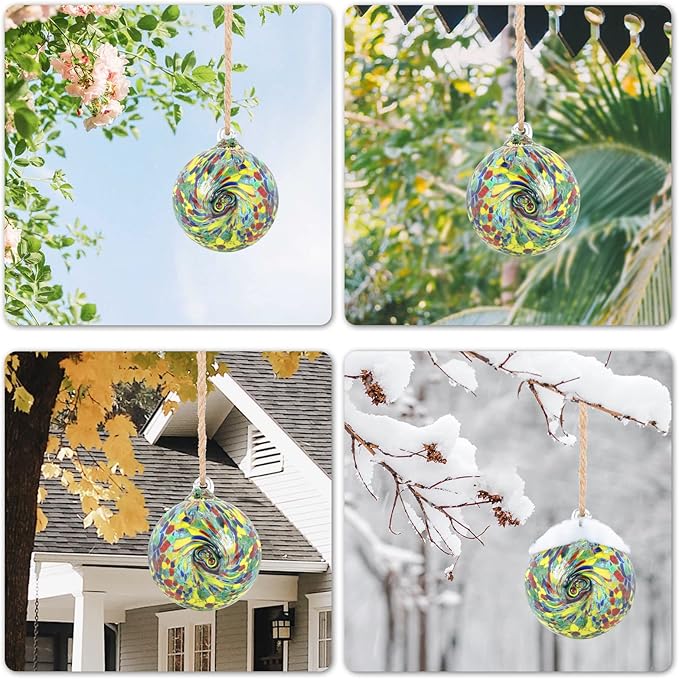 VCUTEKA Hanging Friendship Balls, Glass Ball Hand Made Witch Ball for Window Outdoor Garden Patio Décor, 6" Colorful Swirl