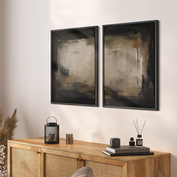 SIGNFORD Framed Canvas Print Wall Art Set Neutral Black and Brown Contemporary Minimalist Illustration Modern Art Decorative for Living Room, Bedroom, Office - 16"x24"x2 Black
