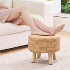 Handwoven Round Ottoman, Natural Water Hyacinth Outdoor Patio Pouf Seagrass Low Stool with Wood Legs, Soft Padded Footrest for Living Room Bedroom Garden, Natural