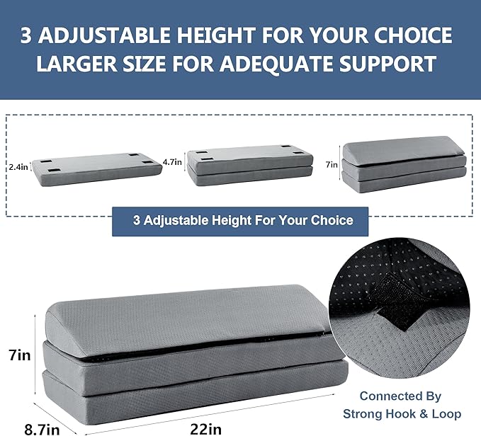 HOMBYS 3-in-1 Adjustable Height Wedge Pillow, 7" Height Leg Knee Pillow for Side Sleepers & Aligns Spine, Supportive Bolster Pillow for Pregnancy Relieves Pressure Hip Leg Elevation, 22", Light Grey