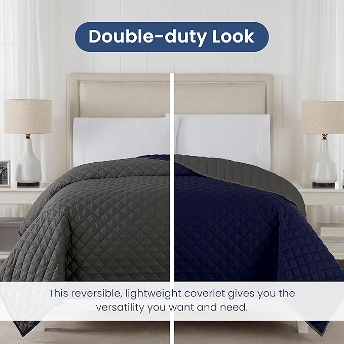 Martex Reversible Coverlet – Full Queen Size Quilt - Lightweight Quilt Full Size Bedding– Durable Queen Size Coverlet for Bed – Soft - Easy Care Bedding – Graphite/Navy
