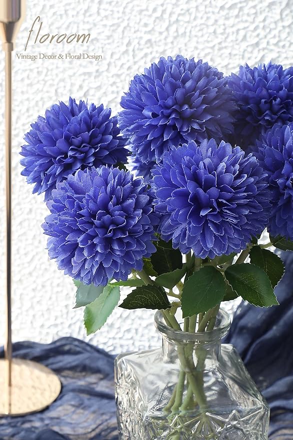 Floroom 12pcs Royal Blue Faux Silk Mums Artificial Flowers Bulk Fake Chrysanthemums with Stems for DIY Wedding Table Centerpieces Floral Arrangements Vase Fillers Home Decorations