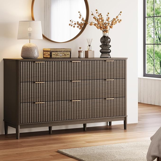LINSY HOME Fluted Dresser for Bedroom with 9 Drawers, 58" Wide Mid Century Modern Dresser, Tall Boho Chest of Drawers, Large Wood Accent Storage Cabinet for Living Room, Curved Profile Design, Walnut
