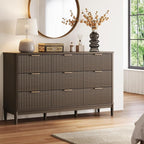 LINSY HOME Fluted Dresser for Bedroom with 9 Drawers, 58" Wide Mid Century Modern Dresser, Tall Boho Chest of Drawers, Large Wood Accent Storage Cabinet for Living Room, Curved Profile Design, Walnut