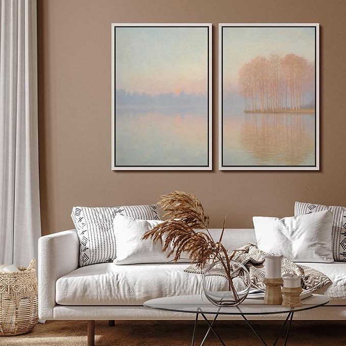 SIGNFORD Framed Canvas Print Wall Art Set Pastel Lake Landscape Serene Sunrise Water Reflection Illustration Modern Art Decorative Nordic Nature for Living Room, Bedroom, Office - 16"x24"x2 White