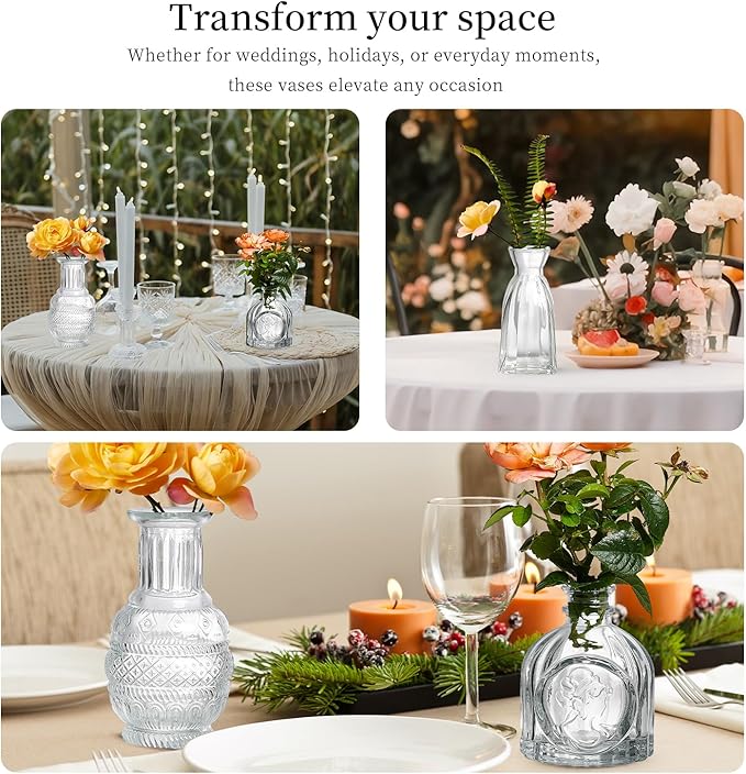 Glass Bud Vases Set of 16 - Assorted Small Mini Glass Vases for Flowers, Crystal Vintage Vase Set, Bulk Centerpieces for Table Décor, Wedding, Home and Events (Clear, 16 Pcs)