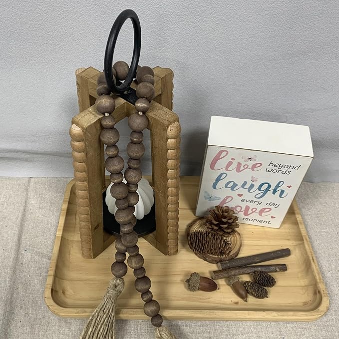 Handcrafted Farmhouse Wooden Decorative Beads Garland, Table Tray Boho Wood Beads with Tassel, Small Rustic Antique Decor for Home and Events (Dark Walnut)