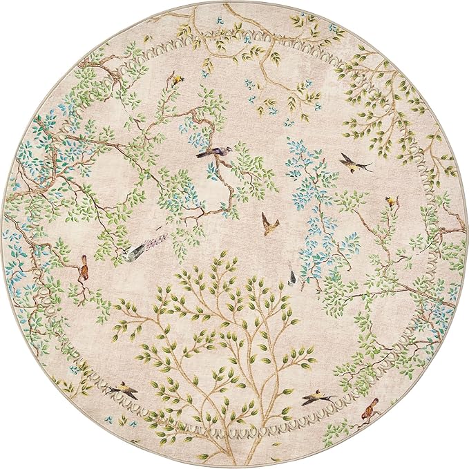 jinchan Round Rugs 5ft Beige Botanical Birds Print Machine Washable 5' Circle Nature Plants Modern Soft Non Slip Throw Area Rugs Ultra Thin Low Pile Carpet for Bedroom Kitchen Living Room