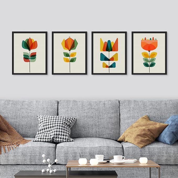SIGNWIN Framed Mid-Century Modern Retro Botanical Flower Garden Wall Art, Set of 4 Abstract Geometric Wall Decor Prints, Nature Wilderness Wall Décor for Living Room, Bedroom - 11"x14" Black