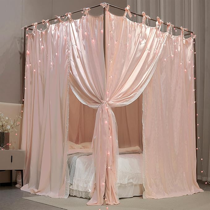 4 Corners Post Princess Curtain Bed Canopy Double Layer Cozy Mosquito Net Mesh and Cloth for Girls Adults Bedroom Decoration (Double-Beigepink/White, 64" W*82" L*82"*H/(Queen))