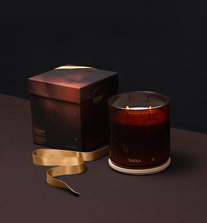 Skandinavisk TAKKA 'Fireplace' Scented Candle with 2 Wicks. Fragrance Notes: Hacked Pine, Haysmoke and Raw Wool. Masculine Scent. 14.1 oz.
