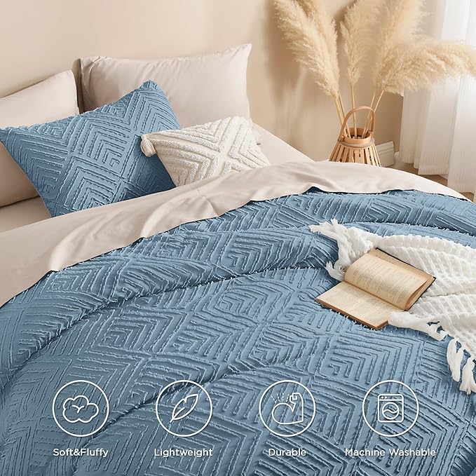 Andency Greyish Blue Oversized King Comforter 128''x120'', 3 Pieces Soft Boho Bedding Set & Collections, Farmhouse Tufted Fluffy Shabby Chic Bed Set for All Seasons (1 Comforter, 2 Pillowcases)