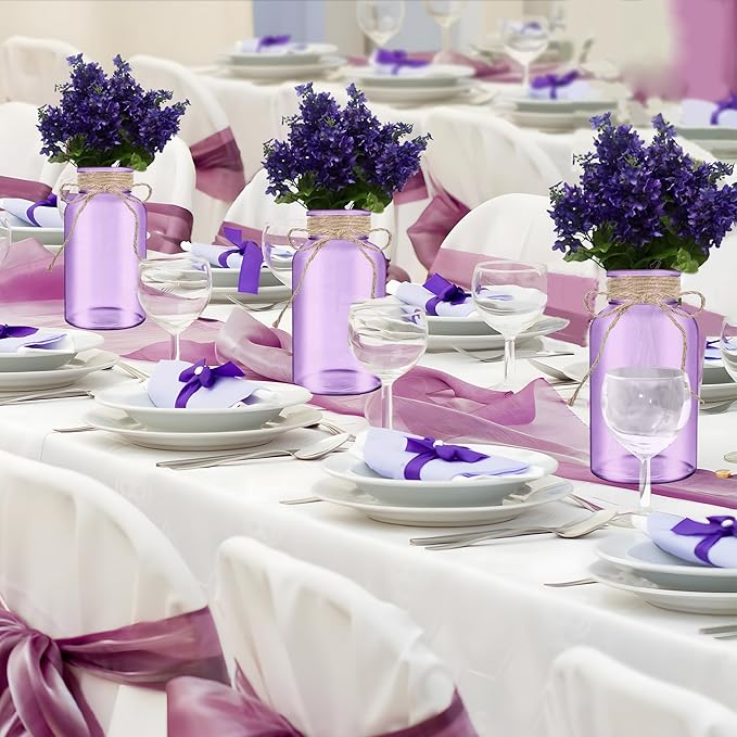 Vintage Glass Flower Vase，12 Pack Farmhouse Purple Glass Centerpiece Vases Mason Jars for Weddings, Parties & Home Decor Bulk (12, Purple)